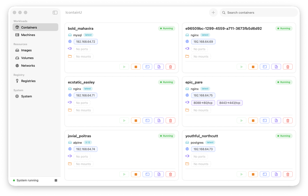 IcontainU managing a list of containers