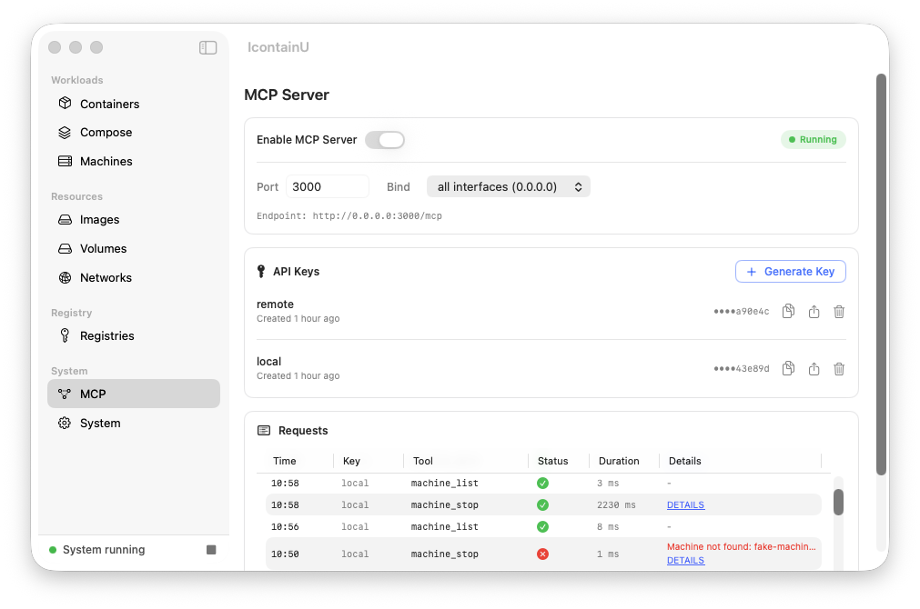 Built-in MCP server panel